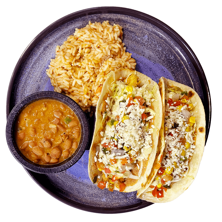 Delicious Fried Avocado Tacos with rice and beans at Gorilla Taco Mexican Restaurant in Pigeon Forge, Tn.