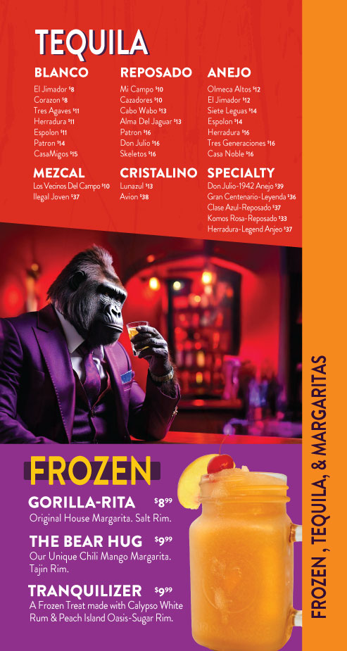 Gorilla Taco Drink Menu Page 3 - Tequila & Frozen Drinks
