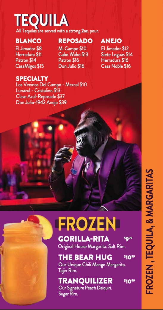 bar menu tequila and frozen