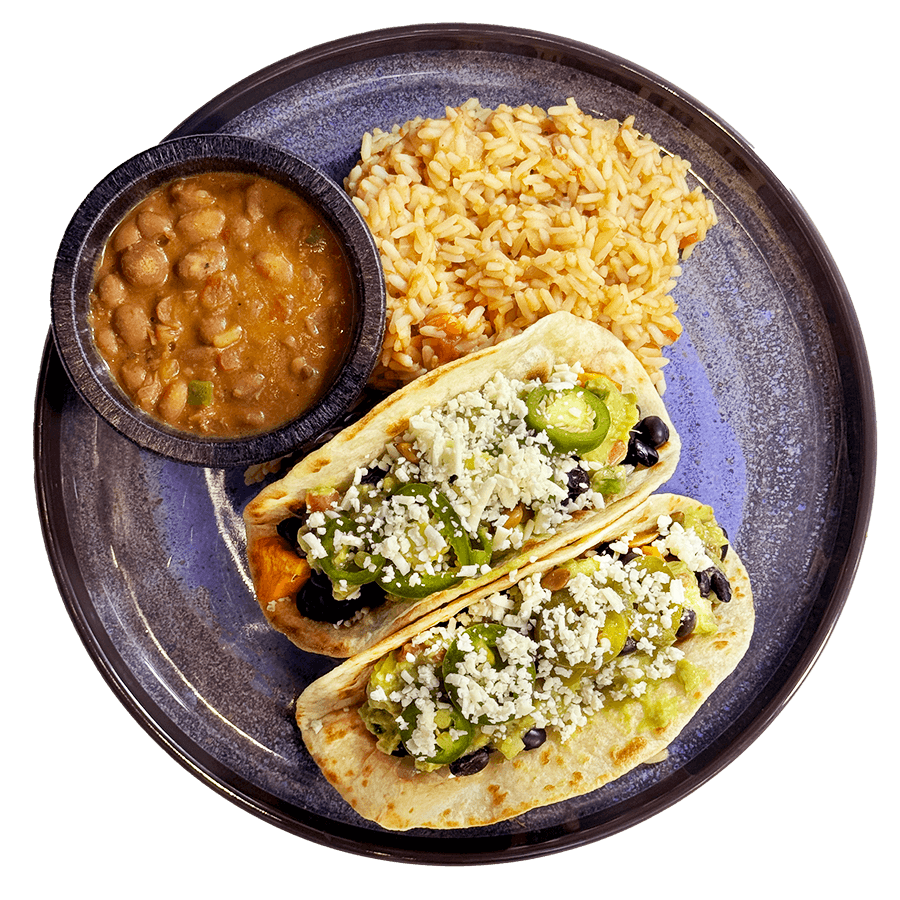 Delicious Sweet Potato Tacos with rice and beans at Gorilla Taco Mexican Restaurant in Pigeon Forge, Tn.