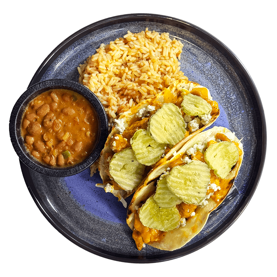 Delicious Buffalo Chicken Tacos with rice and beans at Gorilla Taco Mexican Restaurant in Pigeon Forge, Tn.