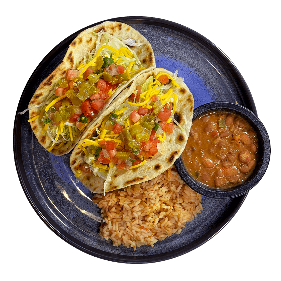 Delicious Fried Chicken Tacos with rice and beans at Gorilla Taco Mexican Restaurant in Pigeon Forge, Tn.