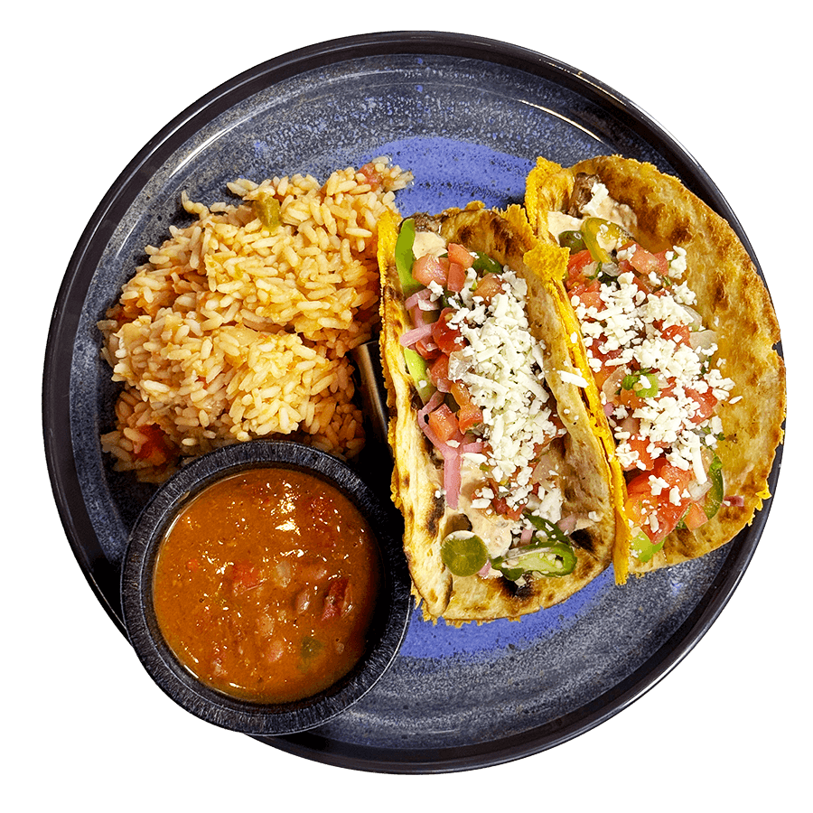 Delicious Brisket Tacos with rice and beans at Gorilla Taco Mexican Restaurant in Pigeon Forge, Tn.